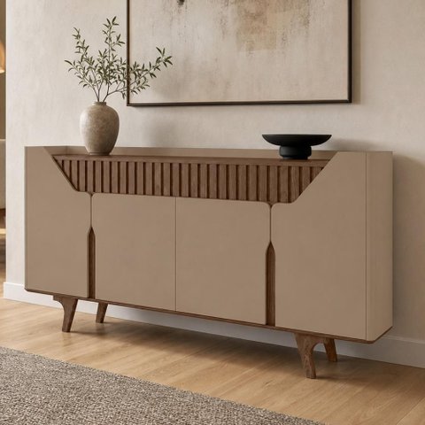 Aparador Buffet para Sala de Jantar 4 Portas 2 Gavetas Ripadas 180cm Volga B02 Fendi Carvalho - Lyam