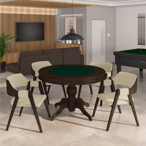 Conjunto Mesa de Jogos Carteado Bellagio Tampo Reversível Verde e 4 Cadeiras Madeira Poker Base Estr