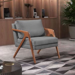 Kit 2 Poltronas Decorativa Mona Luxo Linho Cinza Base Madeira Maciça