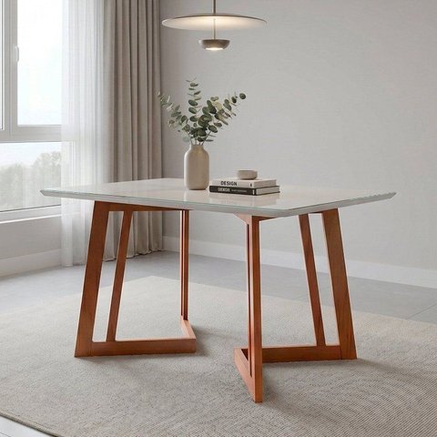 Mesa de Jantar com Vidro Madeira Maciça Retangular 4 Lugares Califórnia Marrom/Caramelo/Nevaska