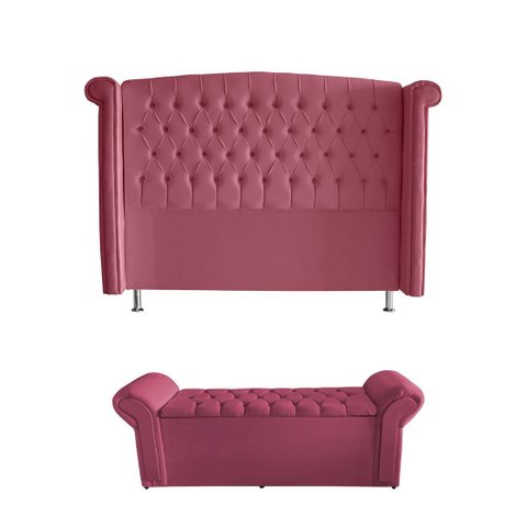 Kit Realeza Cabeceira de Cama Box e Calçadeira Baú Casal 140 Cm Suede Rosa Eli Móveis