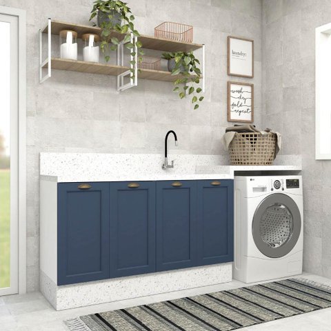 Conjunto Lavanderia Aurora Provençal 140cm Modulável Nicho Cor:branco com Azul