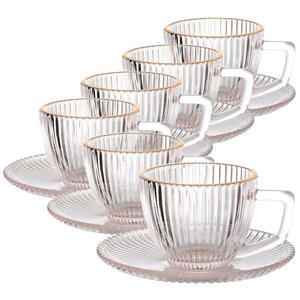 Jogo de Xícaras com Pires Graffiato para Café em Vidro Transparente com B. Dourada 90ml - 12 Peças