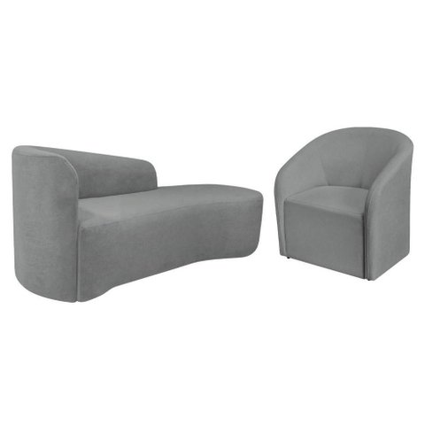 Kit Sofá Curvo França 140cm Ld. e Poltrona Luiza Max Conforto, Bouclé Cinza