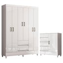 Ver imagem 1 de Guarda Roupa Casal 6 Portas com Pés Fit e Cômoda 1 Porta e 4 Gavetas Fit Branco Brilho - Santos Andi