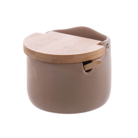 Saleiro de Cerâmica Tampa Colher em Bambu 350g Mesa Bancada