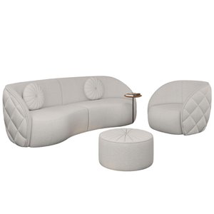 Kit Sofá Curvo e Poltrona Puff Bouclé Branco Euphoria
