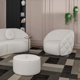 Kit Sofá Curvo e Poltrona Puff Bouclé Branco Euphoria - 6