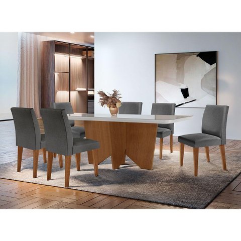Sala de Jantar Mesa Evora Canto Copo com 6 Cad Grecia Rufato Lin.grafite/off White/imbuia