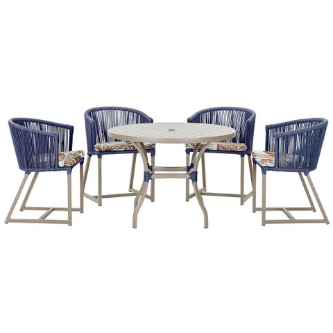Mesa com 4 Cadeiras de Jantar Roma 100cm e Noronha em Aluminío Fendi Corda Nautica Estofado 6 Trama