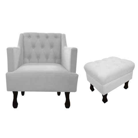 Kit Poltrona Decorativa Julia + Puff Luis Xv Couro Branco Pés Madeira Mz Decor
