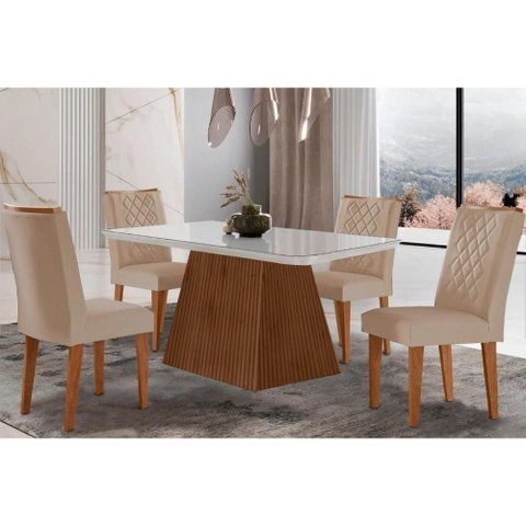 Conjunto: Mesa de Cozinha Luna C/ Tampo Madeirado C/ Vidro Canto Curvo 120x80cm e 4 Cadeiras Jade