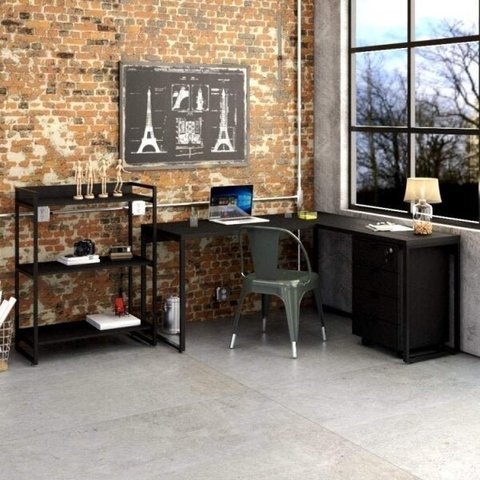Conjunto 3 Peças com Mesa para Escritório em L, Estante e Gaveteiro Espresso Móveis Industrial preta