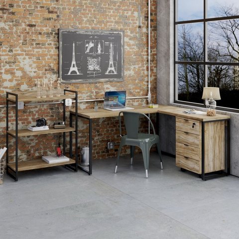 Conjunto 3 Peças com Mesa para Escritório em L, Estante e Gaveteiro Espresso Móveis Industrial Preta