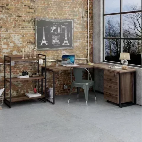 Conjunto 3 Peças com Mesa para Escritório em L, Estante e Gaveteiro Yescasa Industrial Nogal