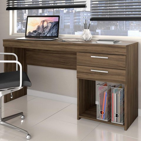 Escrivaninha Mesa Escritório Office 2 Gavetas 121cm Nogal Trend Marrom