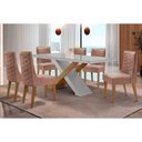 Ver imagem 1 de Conjunto: Mesa Sala Jantar Imperatriz Tampo c/ Vidro Curvo 180cm+6 Cadeiras Dafne Madeira Naturale/