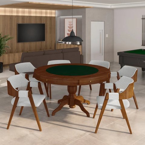 Conjunto Mesa de Jogos Bellagio e 6 Cadeiras Madeira Poker Base Estrela Linho Cinza/imbuia