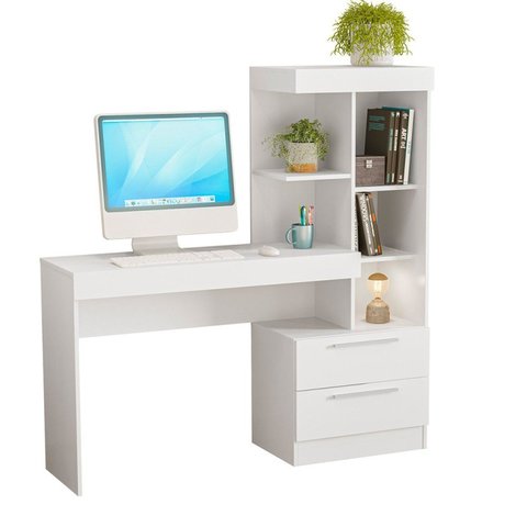Escrivaninha Mesa Escritório com Estante Office NT 2010 2 Gavetas 131,5cm Branco New E Rosa