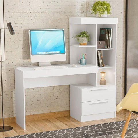 Escrivaninha Mesa Escritório com Estante Office NT 2010 2 Gavetas 131,5cm Branco New E Rosa