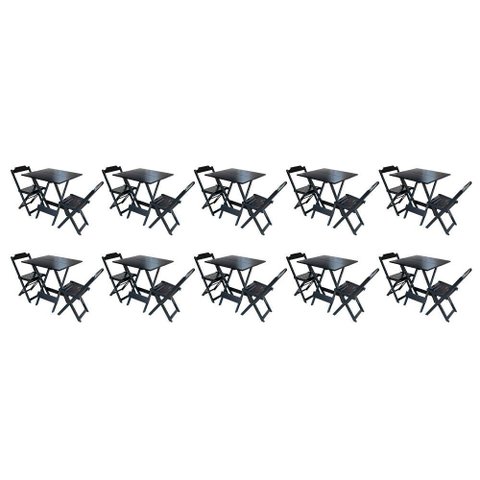 Kit 10 Jogos de Mesa Dobravel com 2 Cadeiras de Madeira 70x70 - Preto