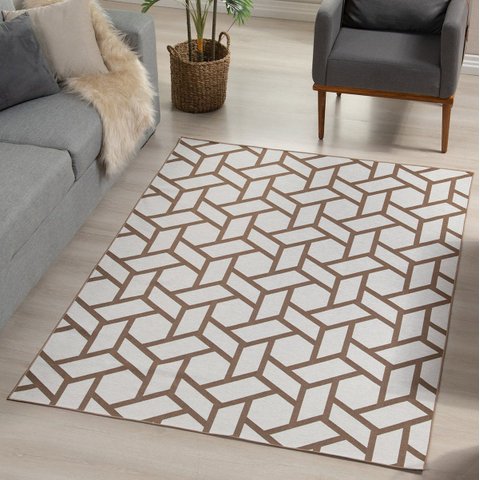 Tapete Geométrico Losangos 135x250cm Branco/marrom - Antiderrapante