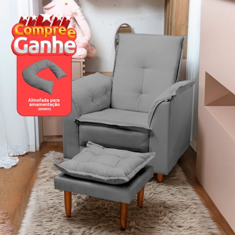 Poltrona Amamentação e Puff Bela Veludo Prata Espuma D26 Tana Decor