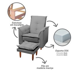 Poltrona Amamentação e Puff Bela Veludo Prata Espuma D26 Tana Decor - 5