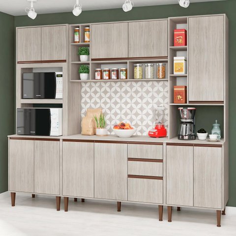 Cozinha Modulada New 250x214cm Balcão Tampo Armário Nicho Paneleiro Forno/micro Mdp Legno - Clicklar