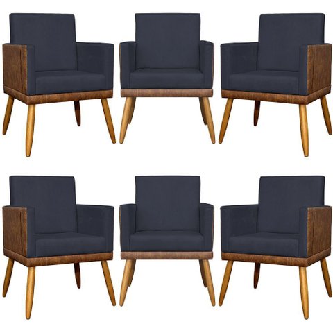 Kit 6 Poltronas Decorativas para Escritório Lis Corino e Pé 30cm - Preto Suede Corino