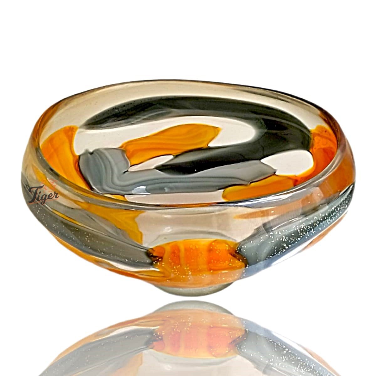 Centro de Mesa Cristal Murano Âmbar e Cinza Grande 32cm Tiger Gifts Fruteira Bacia Redondo Decoração
