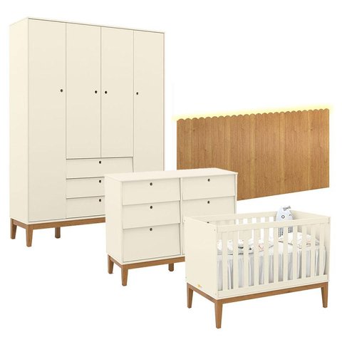 Quarto de Bebê Unique 4 Portas com Cômoda 6 Gavetas e Painel Farm com Led Off White Eco Wood - Matic