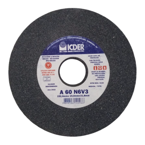 Rebolo Abrasivo 6x1x1.1/4 G60 Cinza Icder