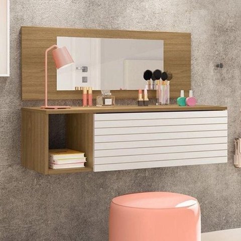 Penteadeira Suspensa Joy Camarim 1 Gaveta com Espelho MDP MDF Nature Branco