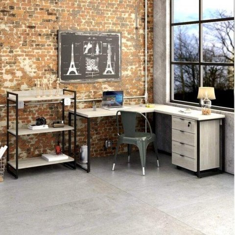 Conjunto 3 Peças com Mesa para Escritório em L, Estante e Gaveteiro Yescasa Industrial Snow Bege