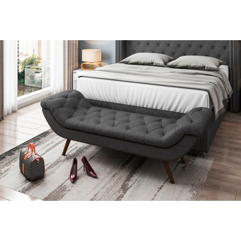 Puff Recamier Decorativo com Tachas 160 cm Santorini P05 Linho Cinza Escuro - Lyam Decor