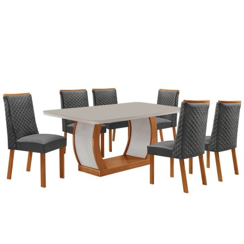 Mesa de Jantar Milena 180cm Tampo MDF Vidro Canto Copo com 6 Cadeiras Yasmin