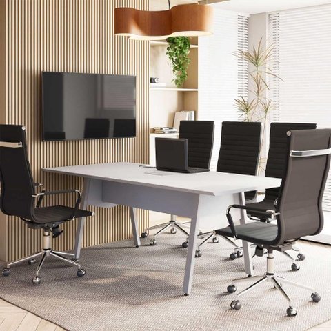 Mesa de Reunião F5 Office sem Gavetas 200cm Cinza com Caixa de Tomadas