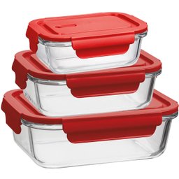 Kit 3 Potes Herméticos de Vidro Borossilicato P M G Retangulares Marmitas Vermelhas Uz - 1