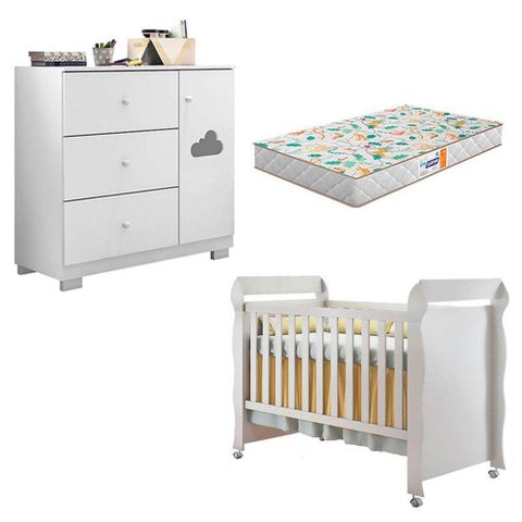 Berço Americano Mirelle e Cômoda Infantil Ane Branco Brilho com Colchão Gazin - Phoenix Baby
