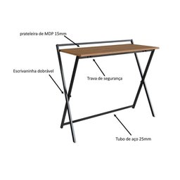 Mesa Escrivaninha Compacta Dobrável com Pés em Aço 94 Cm Preto com Mel Preto com Mel - 6