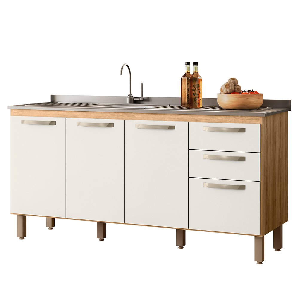 Balcão de Cozinha com Pia Inox 160cm Nicy N03 Freijó/off White ...