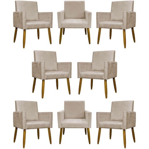 Kit 8 Poltronas Decorativas Mari Pé Palito Castanho - Bege Suede