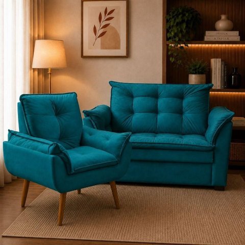 Sofá Conjunto Poltrona e Sofá Pequeno 2 Lugares Fixo 140cm Turquesa Suede