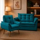 Ver imagem 1 de Sofá Conjunto Poltrona e Sofá Pequeno 2 Lugares Fixo 140cm Turquesa Suede
