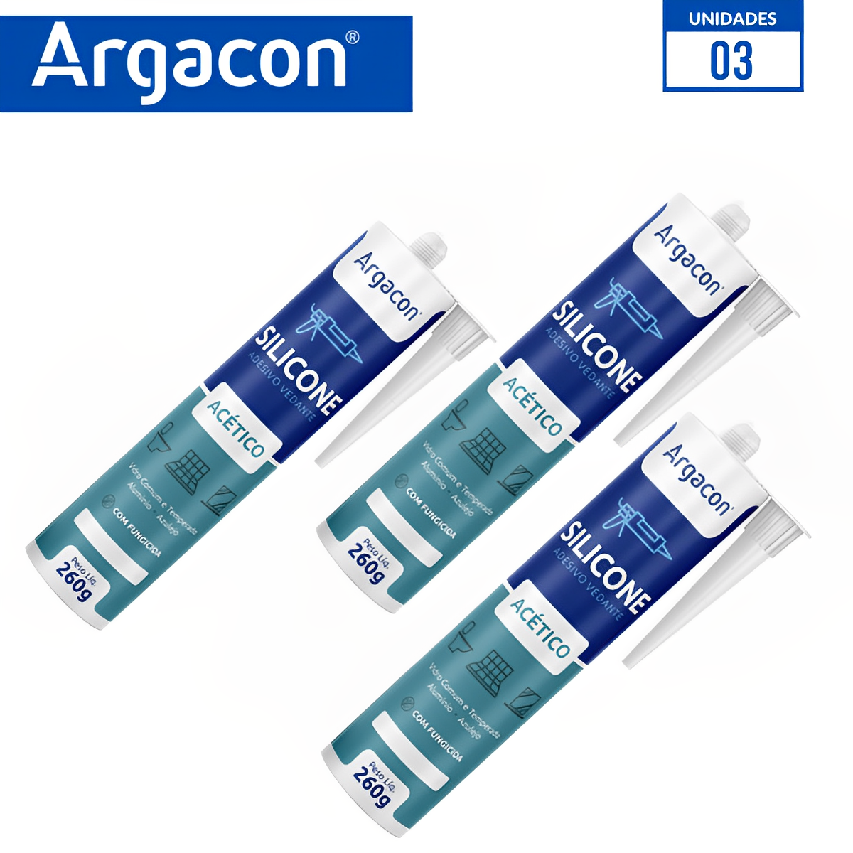 Silicone Acético Incolor 260g Kit 03 Unidades Uso Geral Argacon - 2