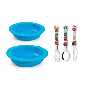 Pratos e Talheres Infantil Bebe Silicone Azul Criança Kids Carrinhos