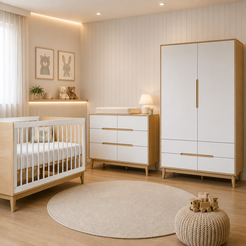 Berço Cômoda e Guarda Roupa Infantil Branco com Carvalho Linha Tomi Quater