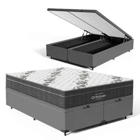 Cama Box Baú com Colchão de Espuma D33 Ortobom Airtech Ortopillow 100 Queen 158cm