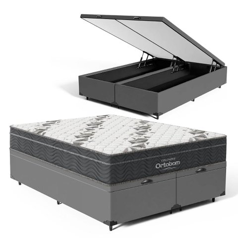 Cama Box Baú com Colchão de Espuma D33 Ortobom Airtech Ortopillow 100 Queen 158cm
